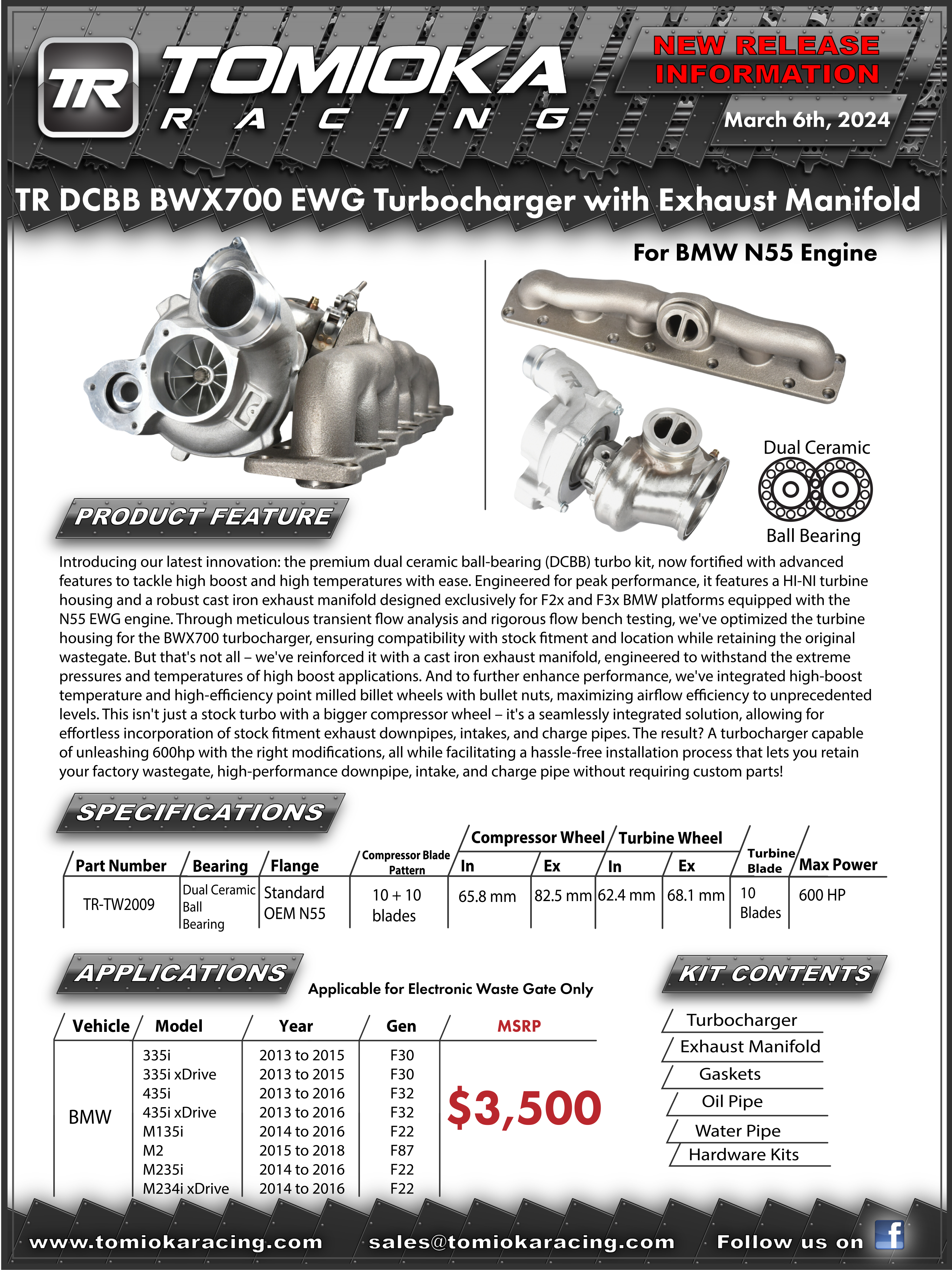 TR TW2009 DCBB BWX700 600HP Turbocharger with Exhaust Manifold for BMW N55 Engine