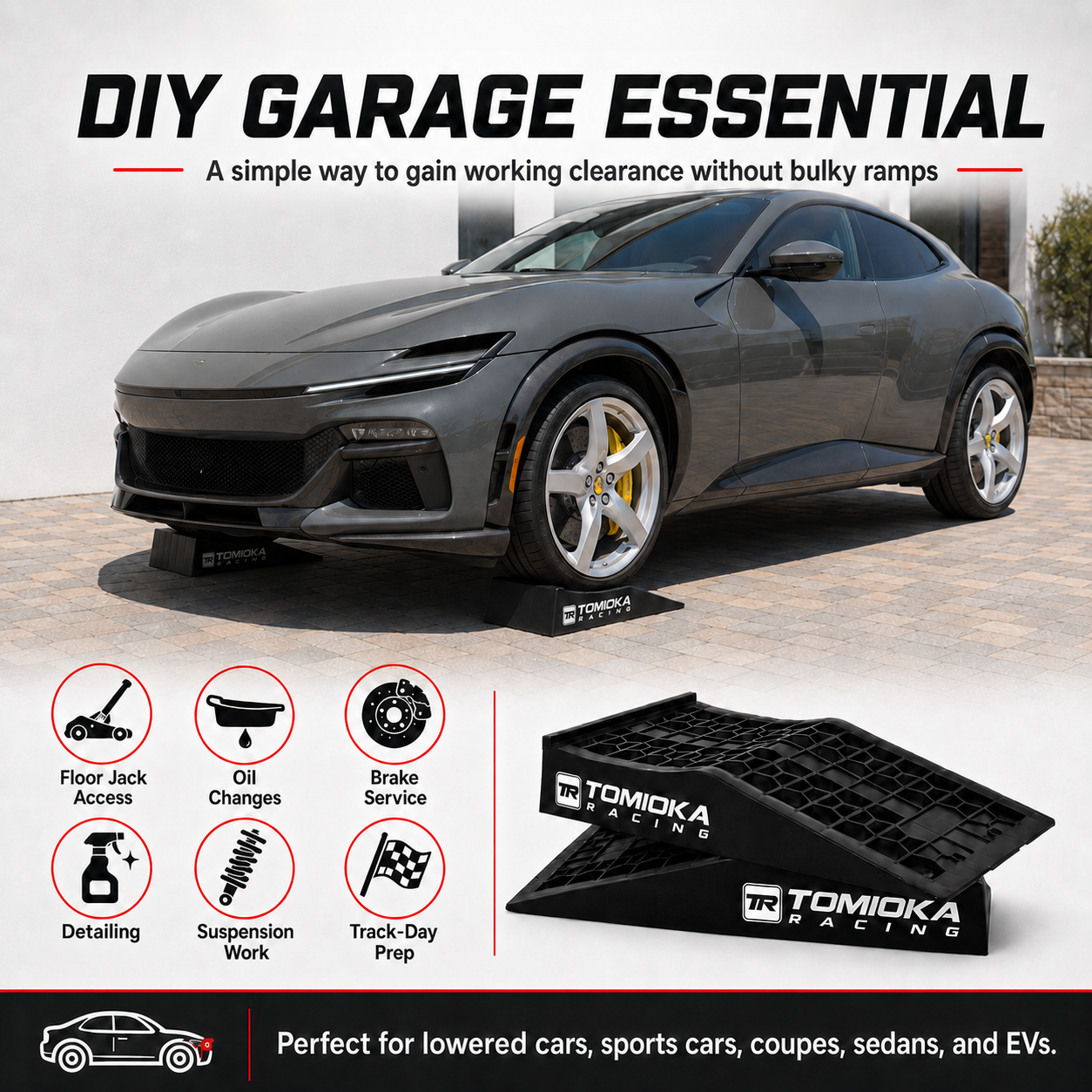 Tomioka Racing DIY Garage Essential ramps shown under a gray sports car on a driveway, with marketing text and feature icons explaining use for floor jack access, oil changes, brake service, detailing, suspension work, and track-day prep.