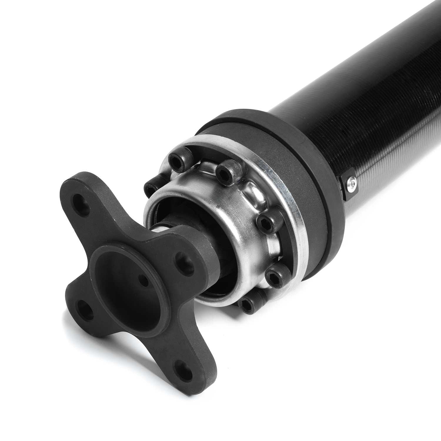 Opposite-angle view of the TR-DS1000 flange assembly, fasteners and carbon fiber driveshaft tube