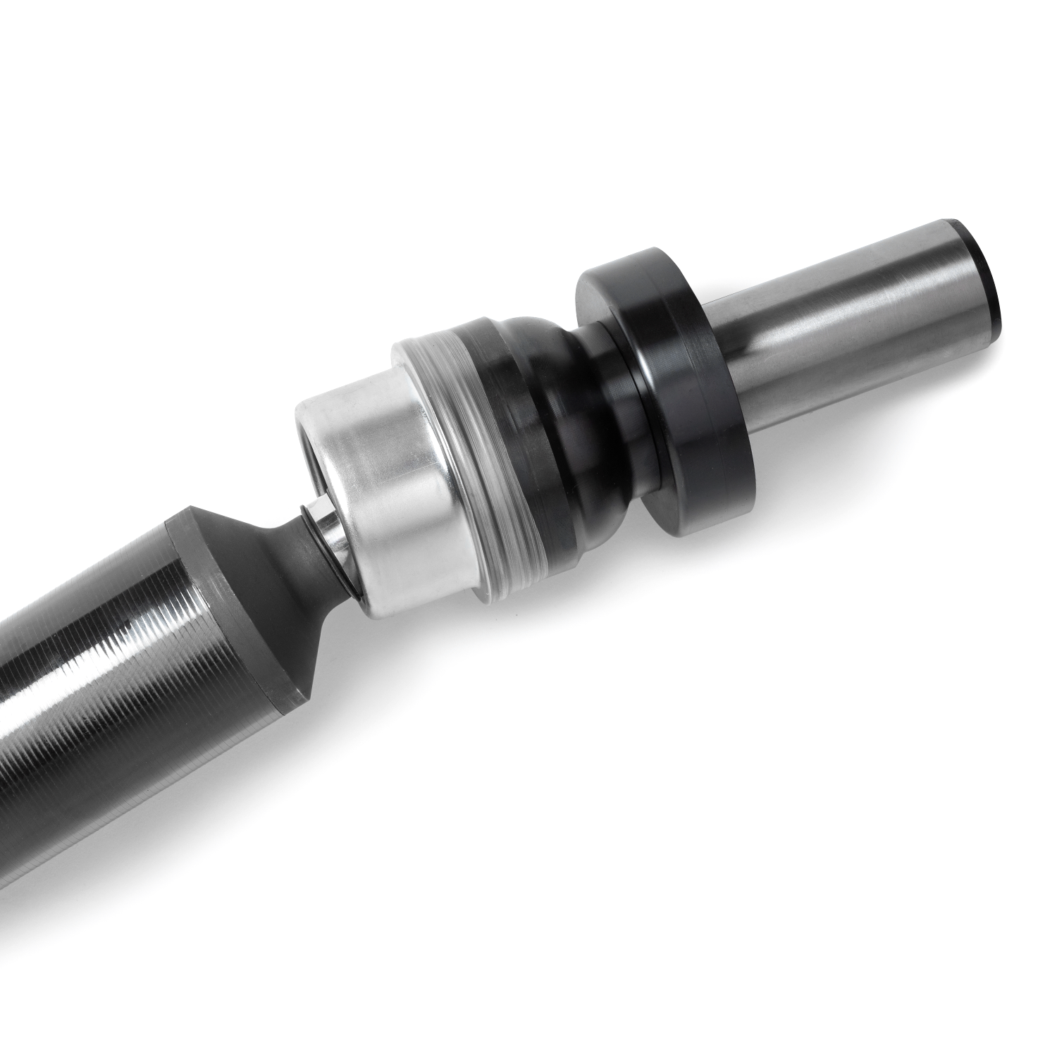 Angled view of the TR-DS1000 4340 steel shaft and aluminum coupling joined to the carbon fiber tube