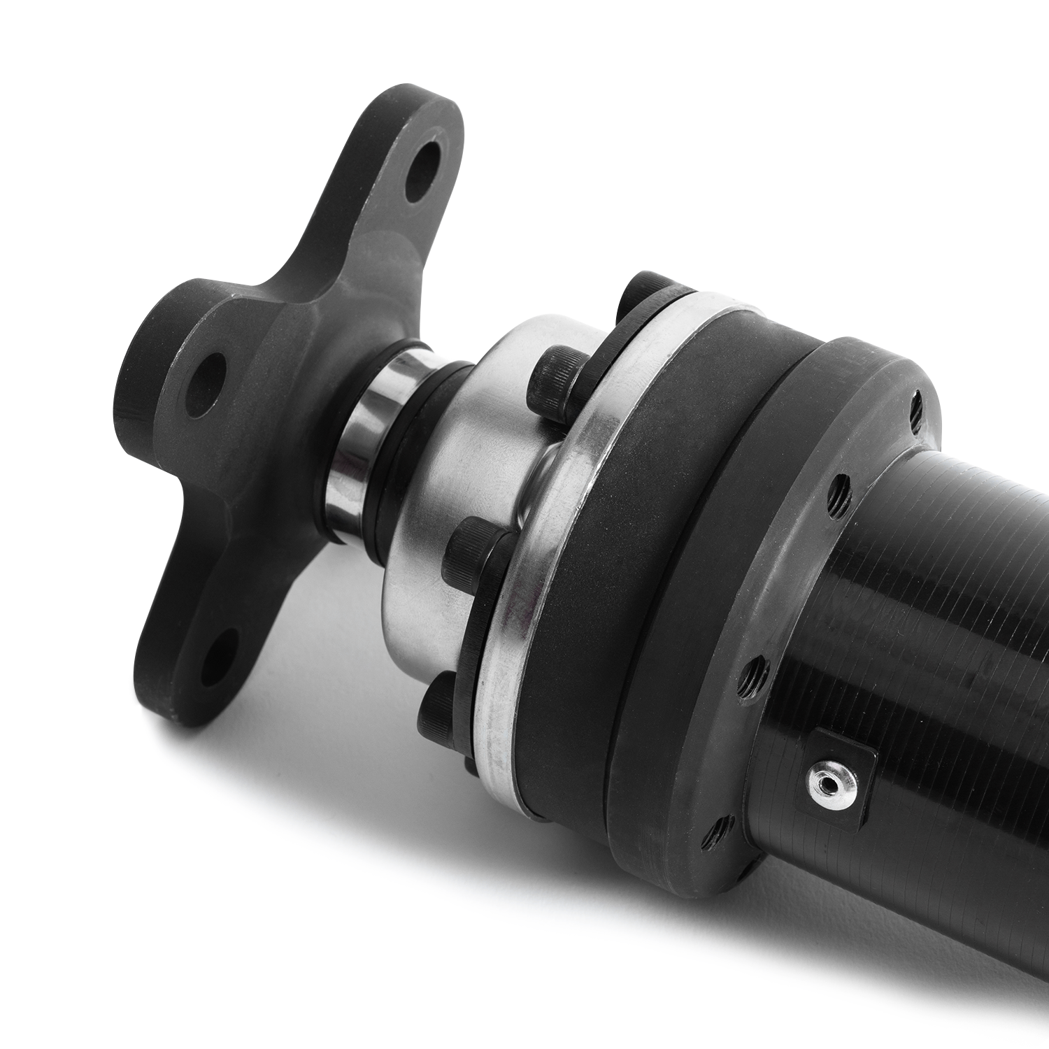 Angled close-up of the TR-DS1000 flange assembly and carbon fiber tube for 2022+ Subaru WRX
